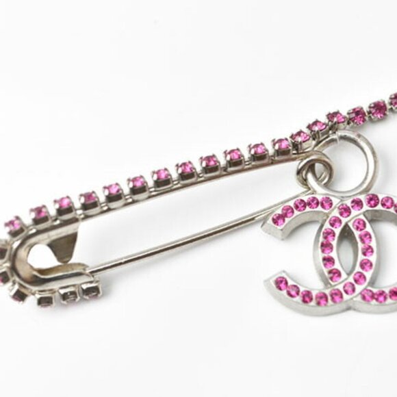 Authentic Chanel Silver Clear Crystals Double C Brooch Pin  CHANEL Authentic Silver Brooch